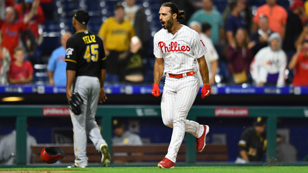 PHILADELPHIA, PA - AUGUST 26: Philadelphia Phillies Infield Sean Rodriguez (13) celebrates as he runs toward the plate after hitting a game-winning home run in the eleventh inning during the game between the Pittsburgh Pirates and Philadelphia Phillies on August 26, 2019 at Citizens Bank Park in Philadelphia, PA.