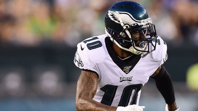 PHILADELPHIA, PA - AUGUST 22: DeSean Jackson #10 of the Philadelphia Eagles in action in the first half during a preseason game against the Baltimore Ravens at Lincoln Financial Field on August 22, 2019 in Philadelphia, Pennsylvania.