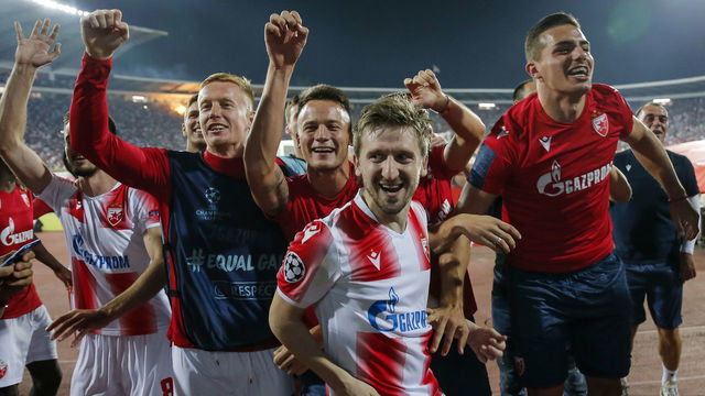 BELGRADE, SERBIA - AUGUST 27: Radovan Pankov (L) Njegos Petrovic (C) and Marko Marin (R) of Crvena Zvezda celebrate after winning the UEFA Champions League Play Off Second Leg match between Crvena Zvezda and Young Boys at stadium Rajko Mitic on August 27, 2019 in Belgrade, Serbia.