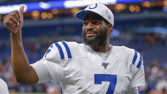 INDIANAPOLIS, IN - AUGUST 17: Jacoby Brissett #7 of the Indianapolis Colts is seen after the game against the Cleveland Browns at Lucas Oil Stadium on August 17, 2019 in Indianapolis, Indiana.