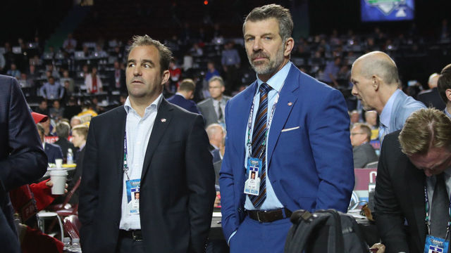 VANCOUVER, BRITISH COLUMBIA - JUNE 22: (L-R) Geoff Molson and Marc Bergevin of the Montreal Canadiens attend the 2019 NHL Draft at Rogers Arena on June 22, 2019 in Vancouver, Canada.