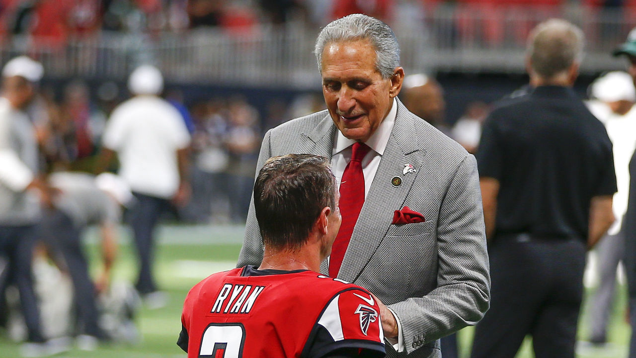ATLANTA, GA - AUGUST 15: Atlanta Falcons owner Arthur Blank speaks with Matt Ryan #2 prior to an NFL preseason game against the New York Jets at Mercedes-Benz Stadium on August 15, 2019 in Atlanta, Georgia.