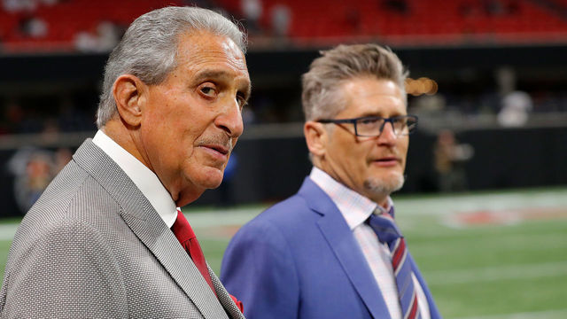 ATLANTA, GEORGIA - AUGUST 15: Atlanta Falcons owner Arthur Blank and general manager Thomas Dimitroff look on during the second half of a preseason game against the New York Jets at Mercedes-Benz Stadium on August 15, 2019 in Atlanta, Georgia.