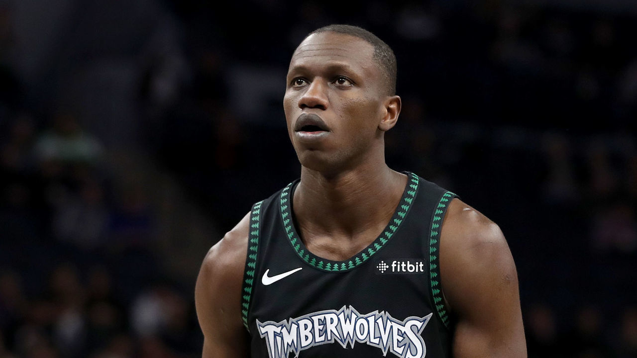MINNEAPOLIS, MN - APRIL 9: Gorgui Dieng #5 of the Minnesota Timberwolves shoots a free throw during the game against the Toronto Raptors on April 9, 2019 at Target Center in Minneapolis, Minnesota. Mandatory Copyright Notice: Copyright 2019 NBAE