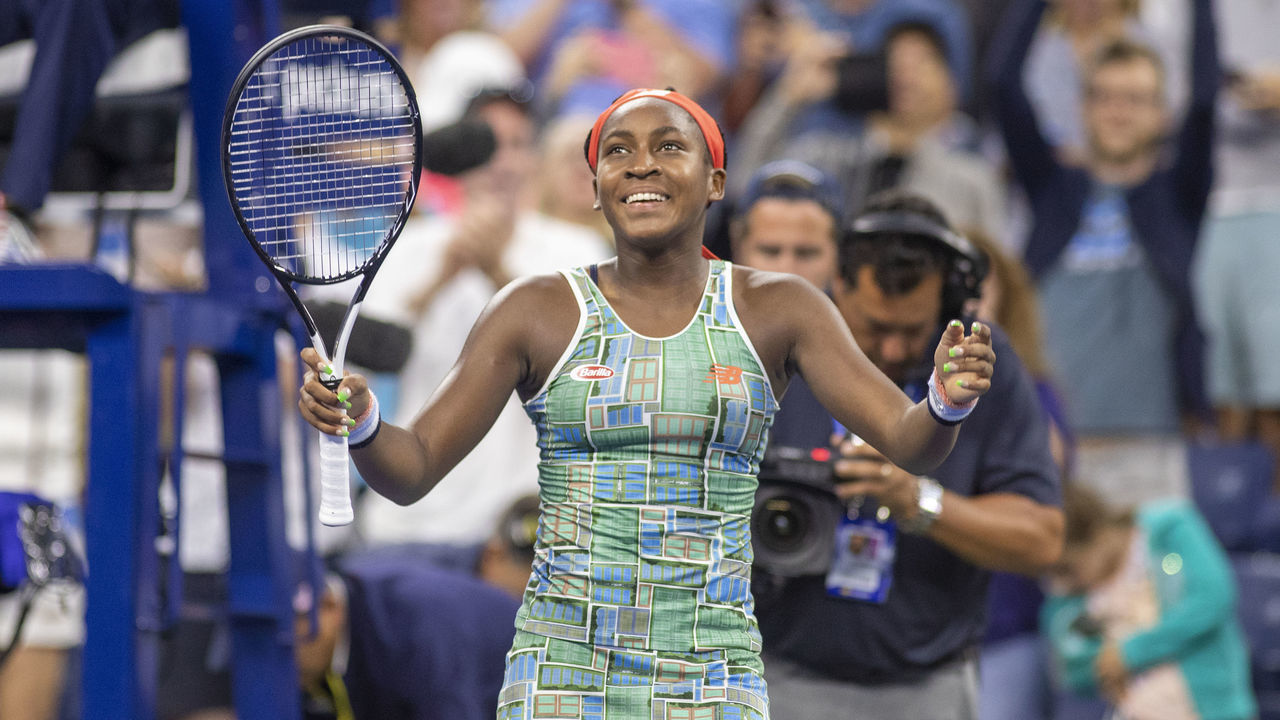 2019 US Open Tennis Tournament- Day Two. Coco Gauff of the United States celebrates her victory against Anastasia Potapova of Russia in the Women's Singles Round One match on Louis Armstrong Stadium at the 2019 US Open Tennis Tournament at the USTA Billie Jean King National Tennis Center on August 27th, 2019 in Flushing, Queens, New York City.