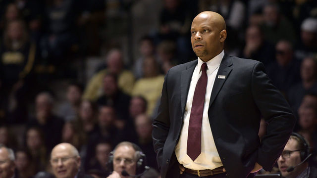 WEST LAFAYETTE, IN - DECEMBER 10: IUPUI Jaguars head coach Jason Gardner looks on during the college basketball game between the IUPUI Jaguars and the Purdue Boilermakers on December 10, 2017, at Mackey Arena in West Lafayette, Indiana.