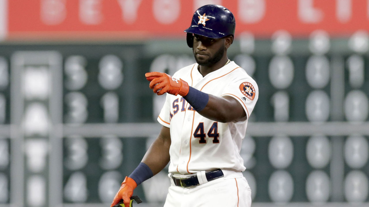 Yordan Alvarez of the Houston Astros celebrates in the dugout after News  Photo - Getty Images