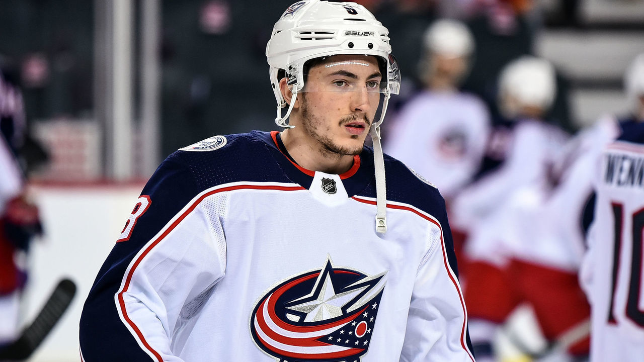 CALGARY, AB - MARCH 19: Columbus Blue Jackets Defenceman Zach Werenski (8) warms up before an NHL game where the Calgary Flames hosted the Columbus Blue Jackets on March 19, 2019, at the Scotiabank Saddledome in Calgary, AB.