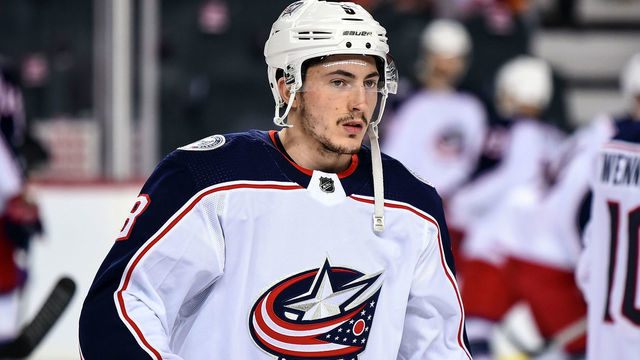 CALGARY, AB - MARCH 19: Columbus Blue Jackets Defenceman Zach Werenski (8) warms up before an NHL game where the Calgary Flames hosted the Columbus Blue Jackets on March 19, 2019, at the Scotiabank Saddledome in Calgary, AB.