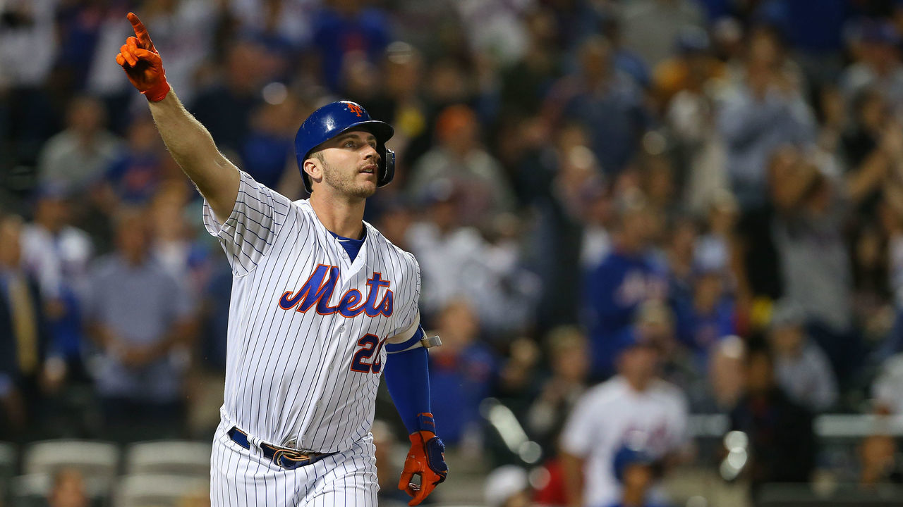 NEW YORK, NY - AUGUST 27: Pete Alonso #20 of the New York Mets reacts after he hit a home run against the Chicago Cubs during the fourth inning of a game at Citi Field on August 27, 2019 in New York City. The home run is Alonso's 42nd of the season, breaking the previous franchise record.