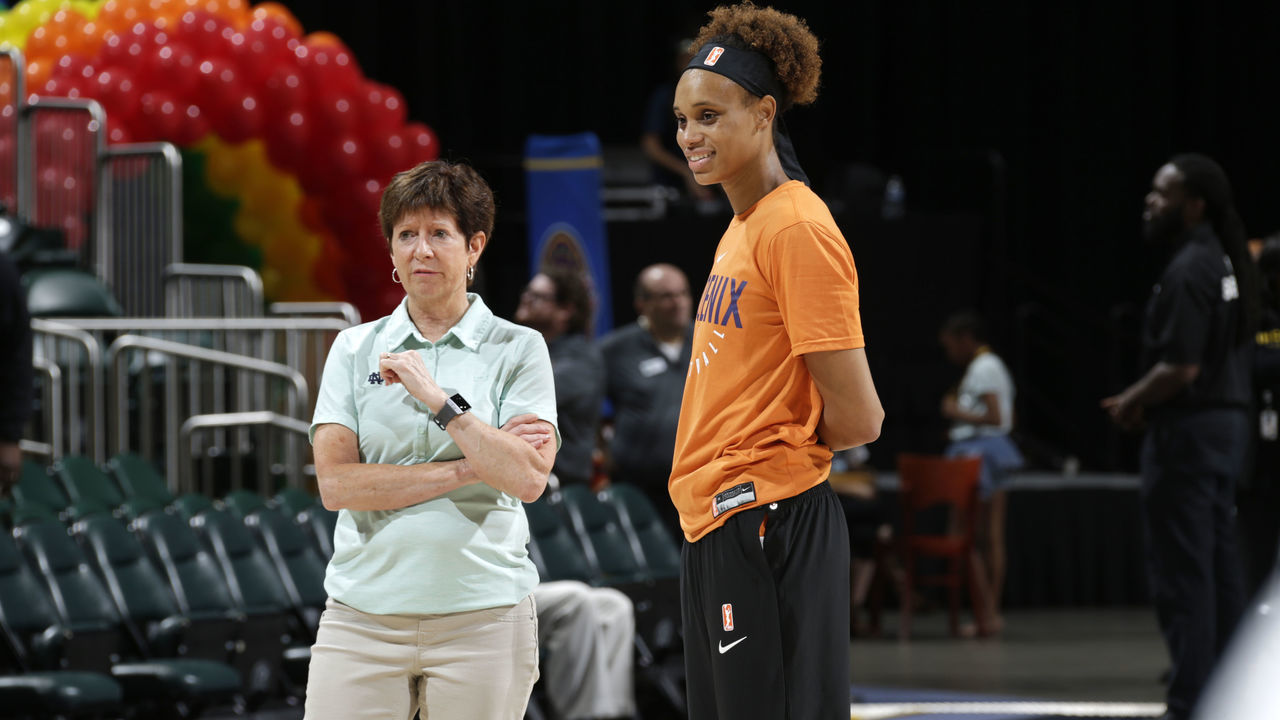 INDIANAPOLIS, IN - JUNE 9: Head Coach Muffet McGraw of Notre Dame Women's Basketball and Brianna Turner #21 of the Phoenix Mercury talk prior to a game against the Indiana Fever on June 9, 2019 at the Bankers Life Fieldhouse in Indianapolis, Indiana. Mandatory Copyright Notice: Copyright 2019 NBAE