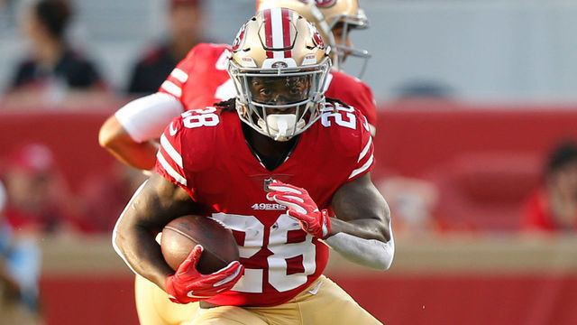 SANTA CLARA, CA - AUGUST 9: Jerick McKinnon #28 of the San Francisco 49ers rushes during the game against the Dallas Cowboys at Levi Stadium on August 9, 2018 in Santa Clara, California. The 49ers defeated the Cowboys 24-21.