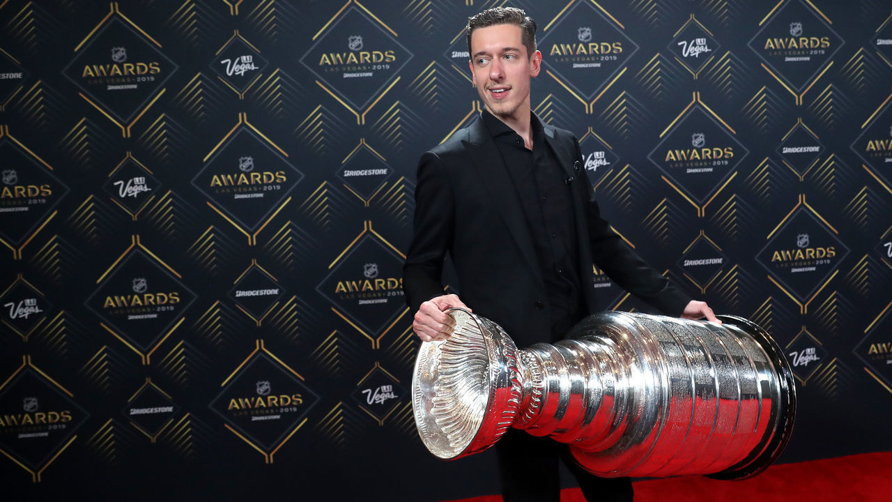 LAS VEGAS, NEVADA - JUNE 19: Jordan Binnington of the St. Louis Blues holds the Stanley Cup as he arrives at the 2019 NHL Awards at the Mandalay Bay Events Center on June 19, 2019 in Las Vegas, Nevada.