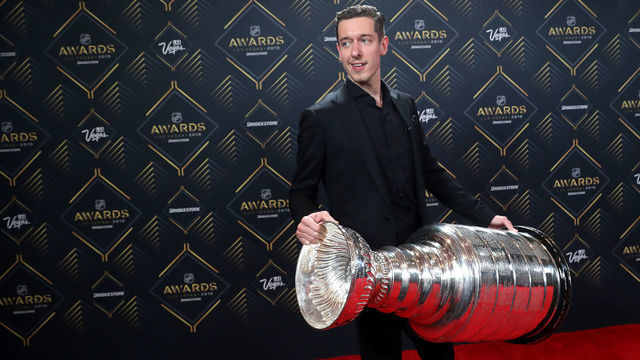 LAS VEGAS, NEVADA - JUNE 19: Jordan Binnington of the St. Louis Blues holds the Stanley Cup as he arrives at the 2019 NHL Awards at the Mandalay Bay Events Center on June 19, 2019 in Las Vegas, Nevada.