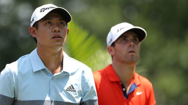 GREENSBORO, NORTH CAROLINA - AUGUST 01: (L-R) Collin Morikawa and Matthew Wolff watch on at the third hole during the first round of the Wyndham Championship at Sedgefield Country Club on August 01, 2019 in Greensboro, North Carolina.