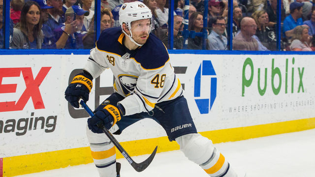 TAMPA, FL - FEBRUARY 21: Matt Hunwick #48 of the Buffalo Sabres skates against the Tampa Bay Lightning in the first period at Amalie Arena on February 21, 2019 in Tampa, Florida. "n