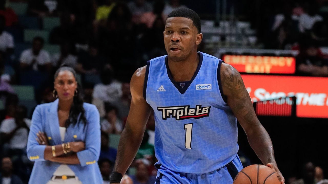 NEW ORLEANS, LA - AUGUST 25: Triplets Joe Johnson (1) brings the ball up court against 3 Headed Monsters during the BIG3 3-on-3 basketball league game on August 25, 2019 at the Smoothie King Center in New Orleans, LA.