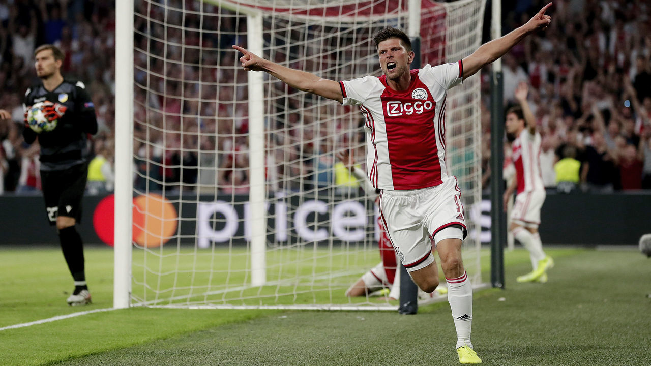 AMSTERDAM, NETHERLANDS - AUGUST 28: Klaas Jan Huntelaar of Ajax celebrates rejected goal during the UEFA Champions League match between Ajax v Apoel Nicosia at the Johan Cruijff Arena on August 28, 2019 in Amsterdam Netherlands