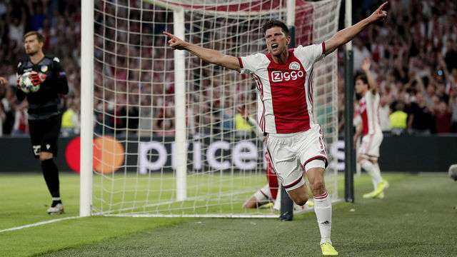 AMSTERDAM, NETHERLANDS - AUGUST 28: Klaas Jan Huntelaar of Ajax celebrates rejected goal during the UEFA Champions League match between Ajax v Apoel Nicosia at the Johan Cruijff Arena on August 28, 2019 in Amsterdam Netherlands