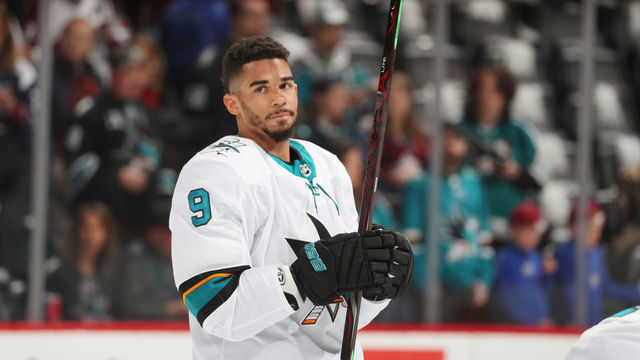 DENVER, CO - MAY 02: Evander Kane #9 of the San Jose Sharks skates prior to the game against the Colorado Avalanche in Game Four of the Western Conference Second Round during the 2019 NHL Stanley Cup Playoffs at the Pepsi Center on May 2, 2019 in Denver, Colorado. The Avalanche defeated the Sharks 3-0. "n"n