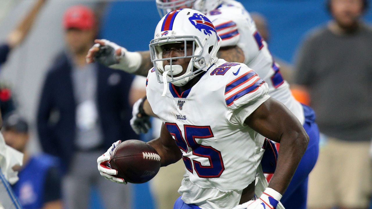 Buffalo Bills running back LeSean McCoy (25) runs the ball during the first half of an NFL football game against the Detroit Lions in Detroit, Michigan USA, on Friday, August 23, 2019
