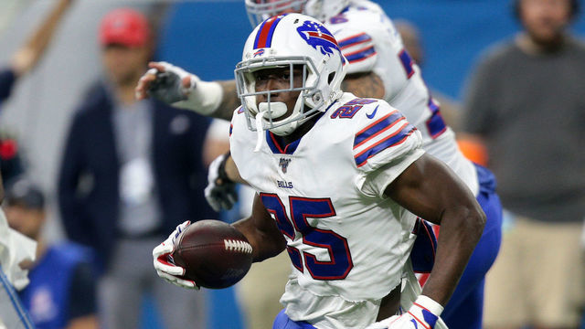 Buffalo Bills running back LeSean McCoy (25) runs the ball during the first half of an NFL football game against the Detroit Lions in Detroit, Michigan USA, on Friday, August 23, 2019