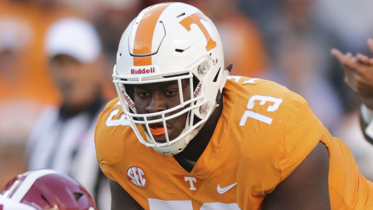 KNOXVILLE, TN - OCTOBER 20: Offensive lineman Trey Smith #73 of the Tennessee Volunteers during the first half of the game between the Alabama Crimson Tide and the Tennessee Volunteers at Neyland Stadium on October 20, 2018 in Knoxville, Tennessee. Alabama won 58-21.