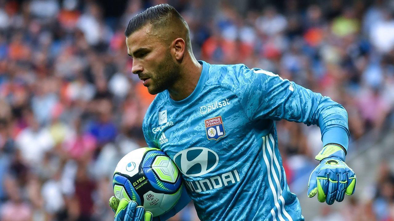 Lyon's Portuguese goalkeeper Anthony Lopes runs with the ball during the French L1 football match between Montpellier Herault SC and Olympique Lyonnais at the Mosson stadium in Montpellier, southern France, on August 27, 2019.