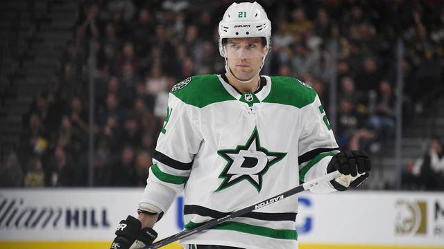 LAS VEGAS, NEVADA - FEBRUARY 26: Ben Lovejoy #21 of the Dallas Stars takes a break during a stop in play in the first period of a game against the Vegas Golden Knights at T-Mobile Arena on February 26, 2019 in Las Vegas, Nevada.