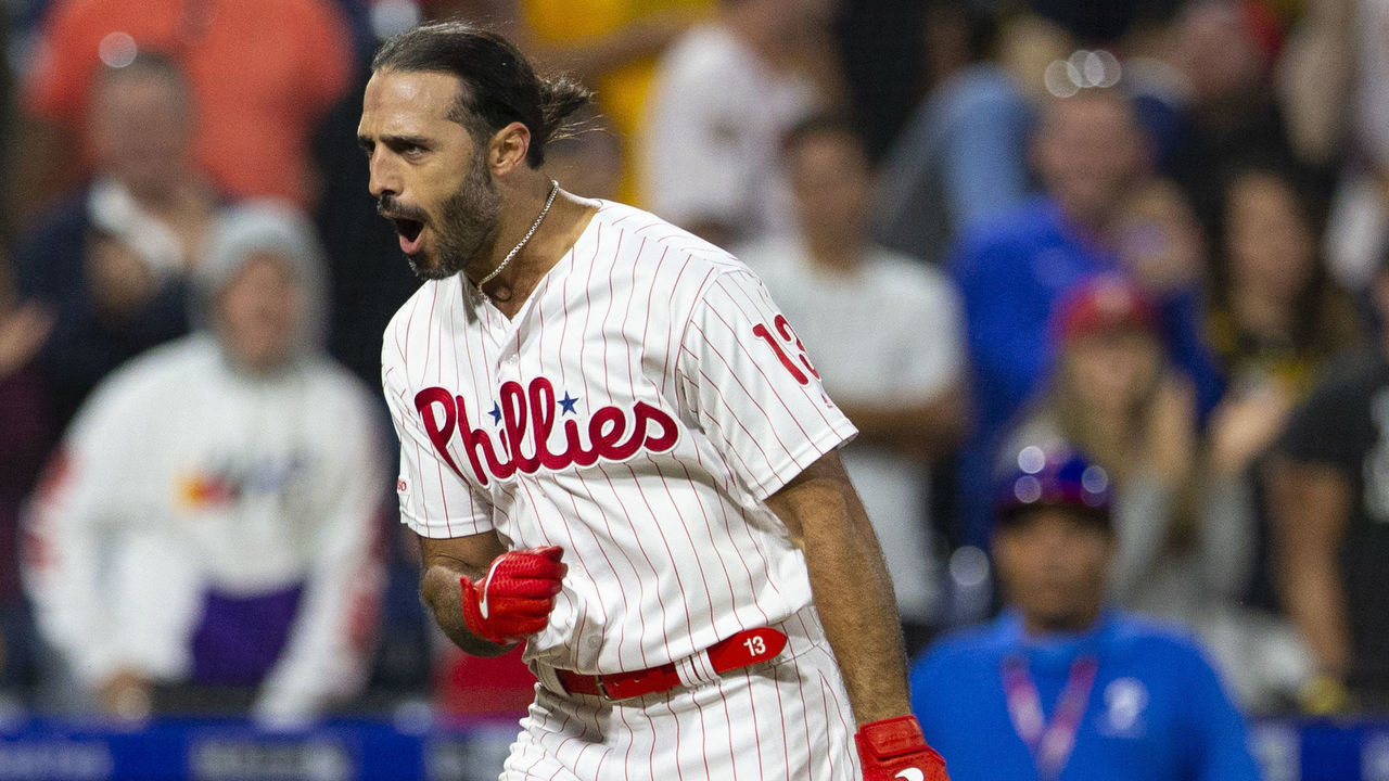 PHILADELPHIA, PA - AUGUST 26: Sean Rodriguez #13 of the Philadelphia Phillies reacts after hitting a walk-off solo home run in the bottom of the eleventh inning against the Pittsburgh Pirates at Citizens Bank Park on August 26, 2019 in Philadelphia, Pennsylvania. The Phillies defeated the Pirates 6-5.