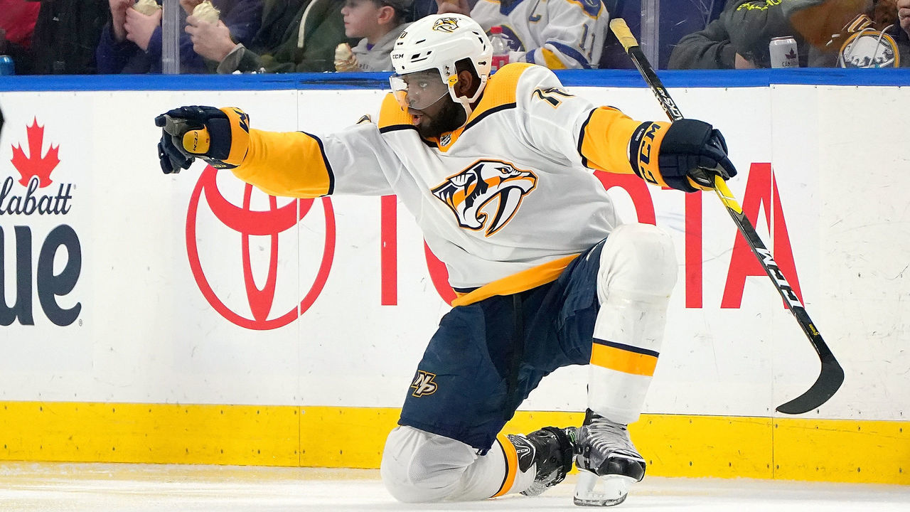 BUFFALO, NY - APRIL 2: P.K. Subban #76 of the Nashville Predators celebrates his goal against the Buffalo Sabres during the second period at KeyBank Center on April 2, 2019 in Buffalo, New York.