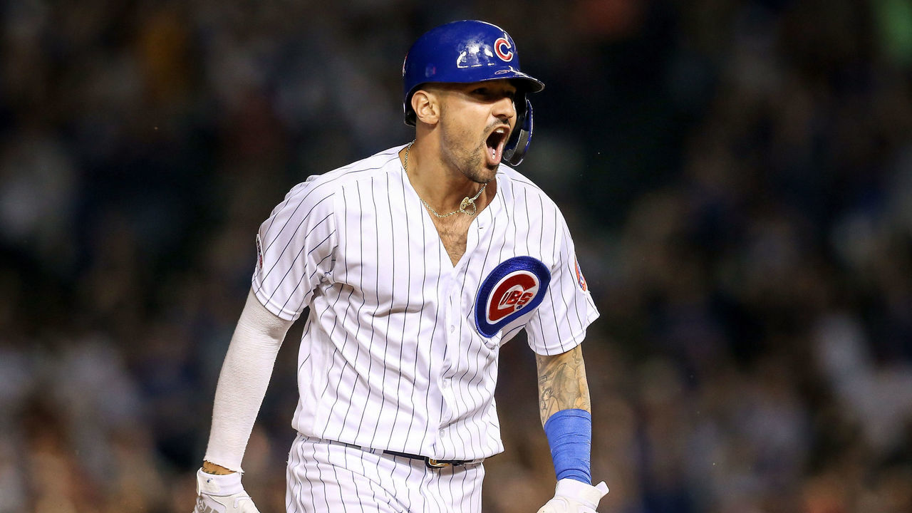 CHICAGO, ILLINOIS - AUGUST 21: Nicholas Castellanos #6 of the Chicago Cubs reacts while rounding the bases after Kris Bryant #17 hit a home run in the eighth inning against the San Francisco Giants at Wrigley Field on August 21, 2019 in Chicago, Illinois.