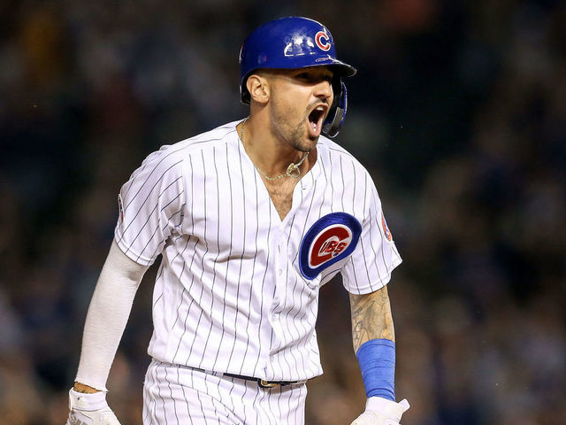 CHICAGO, ILLINOIS - AUGUST 21: Nicholas Castellanos #6 of the Chicago Cubs reacts while rounding the bases after Kris Bryant #17 hit a home run in the eighth inning against the San Francisco Giants at Wrigley Field on August 21, 2019 in Chicago, Illinois.