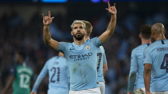 MANCHESTER, ENGLAND - APRIL 17: Sergio Aguero of Manchester City celebrates scoring their third goal during the UEFA Champions League Quarter Final second leg match between Manchester City and Tottenham Hotspur at at Etihad Stadium on April 17, 2019 in Manchester, England.