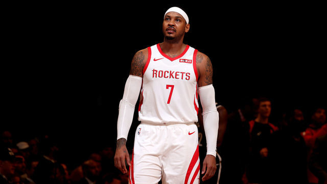 NEW YORK, NY - NOVEMBER 2: Carmelo Anthony #7 of the Houston Rockets looks on against the Brooklyn Nets on November 2, 2018 at Madison Square Garden in New York City, New York. Mandatory Copyright Notice: Copyright 2018 NBAE