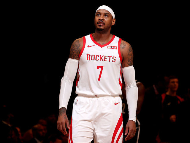 NEW YORK, NY - NOVEMBER 2: Carmelo Anthony #7 of the Houston Rockets looks on against the Brooklyn Nets on November 2, 2018 at Madison Square Garden in New York City, New York. Mandatory Copyright Notice: Copyright 2018 NBAE