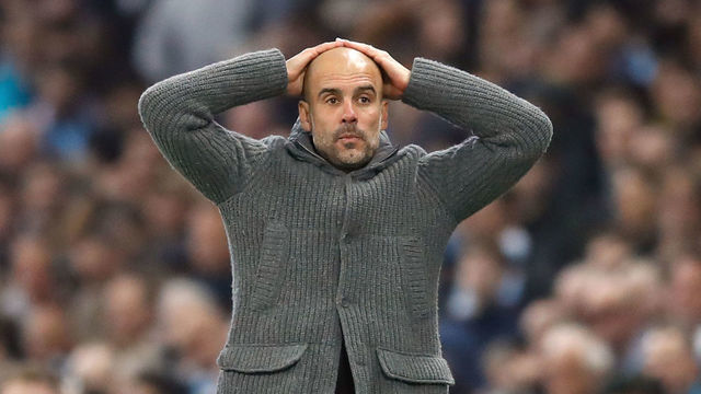 Manchester City manager Pep Guardiola reacts after Raheem Sterling scores his side's fifth goal but it is later ruled out following a VAR review during the UEFA Champions League quarter final second leg match at the Etihad Stadium, Manchester.