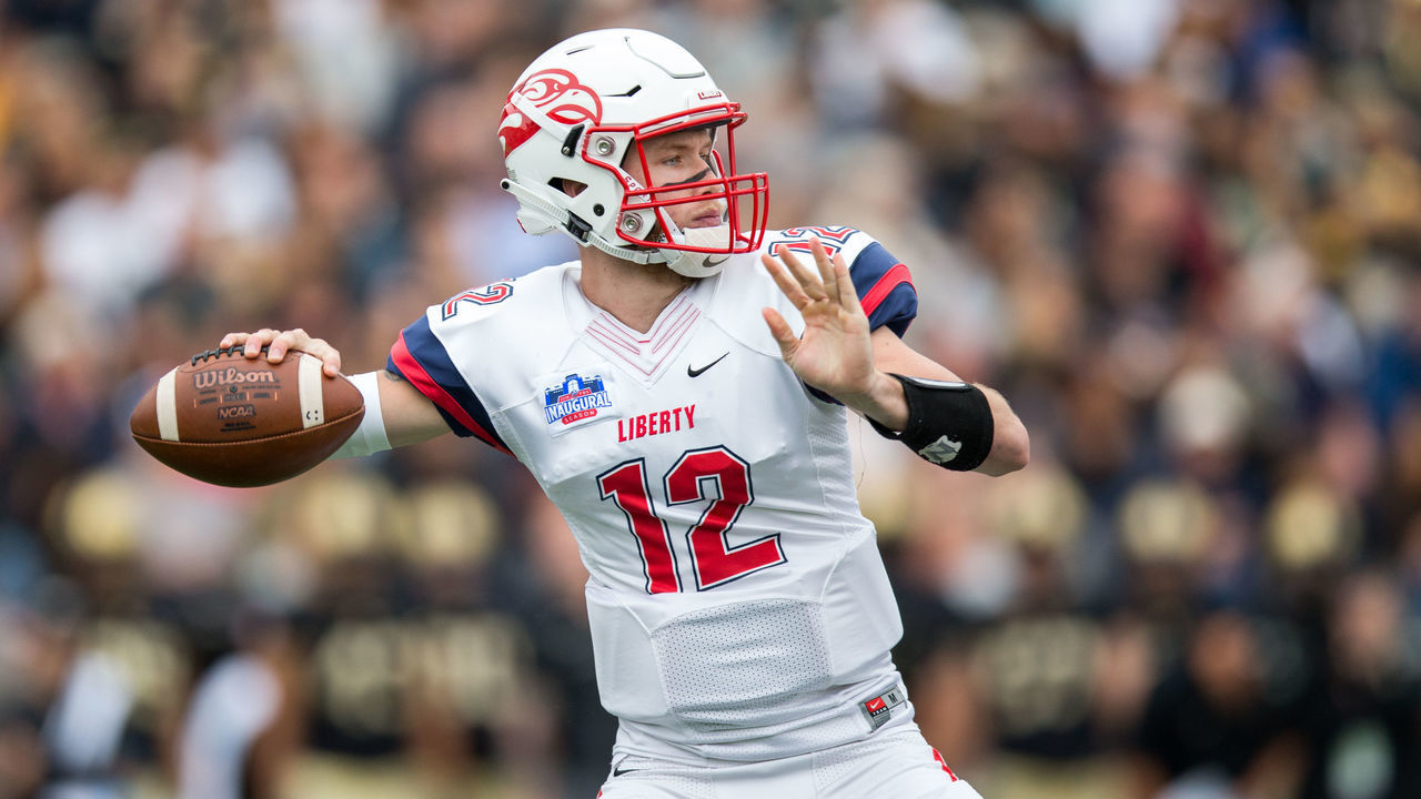 WEST POINT, NY - SEPTEMBER 8: Stephen Calvert #12 of the Liberty Flames throws the ball during the game against the Army Black Knights at Michie Stadium on September 8, 2018 in West Point, New York.