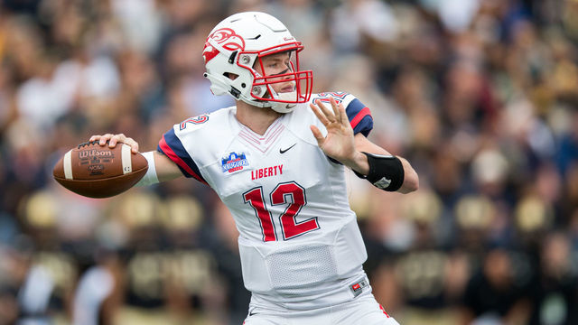 WEST POINT, NY - SEPTEMBER 8: Stephen Calvert #12 of the Liberty Flames throws the ball during the game against the Army Black Knights at Michie Stadium on September 8, 2018 in West Point, New York.