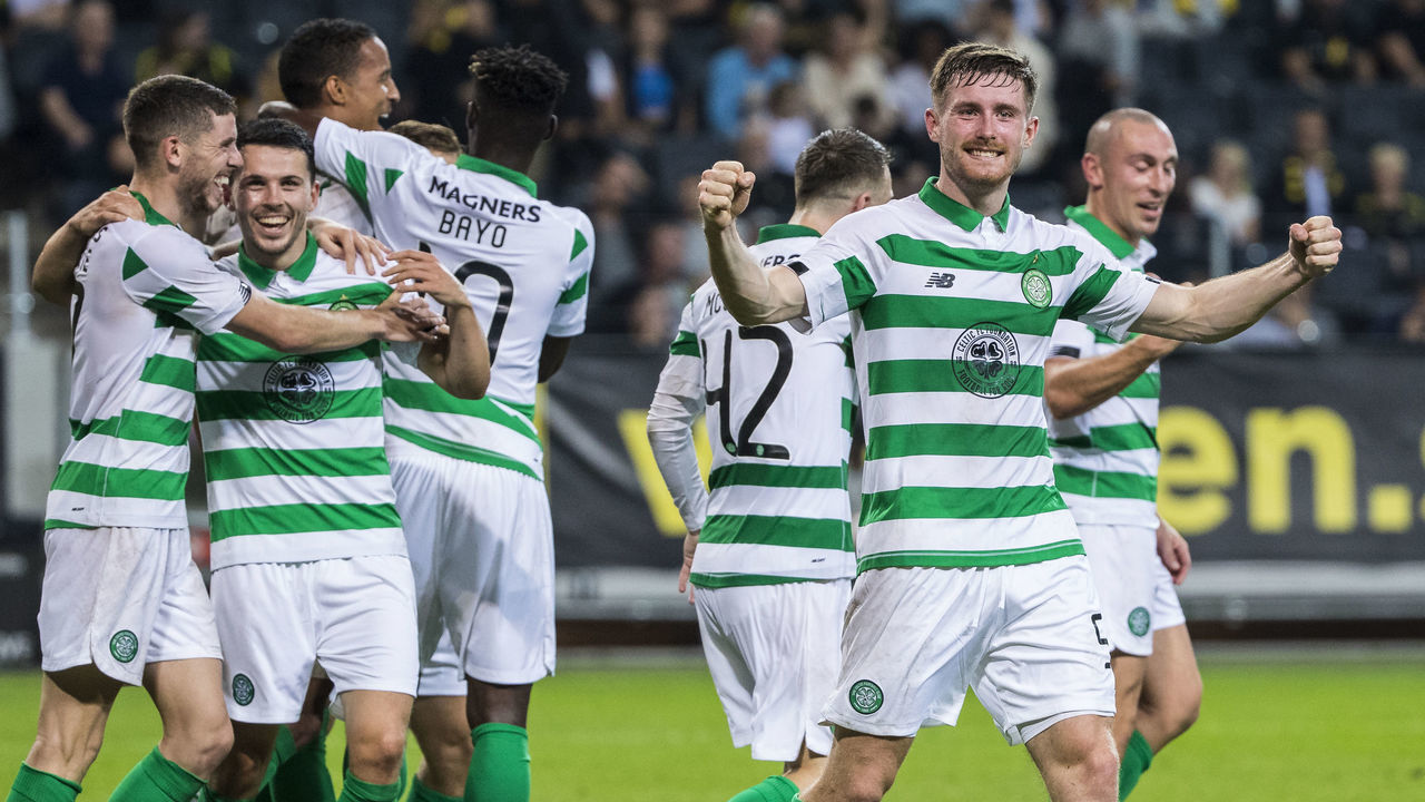 SOLNA, SWEDEN - AUGUST 29: Jozo Simunovic of Celtic FC celebrates after they score their third goal during a UEFA Europa League qualification match between AIK and Celtic FC at Friends arena on August 29, 2019 in Solna, Sweden.