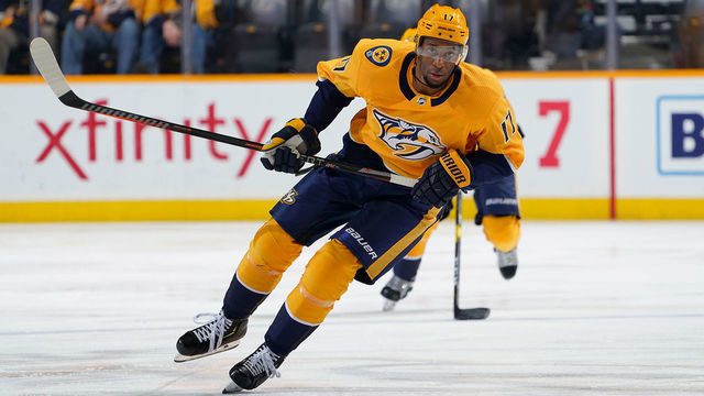 NASHVILLE, TN - MARCH 9: Wayne Simmonds #17 of the Nashville Predators skates against the Carolina Hurricanes at Bridgestone Arena on March 9, 2019 in Nashville, Tennessee.
