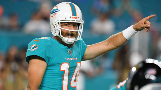 MIAMI, FL - AUGUST 22: Ryan Fitzpatrick #14 of the Miami Dolphins in action during the preseason game against the Jacksonville Jaguars at Hard Rock Stadium on August 22, 2019 in Miami, Florida.