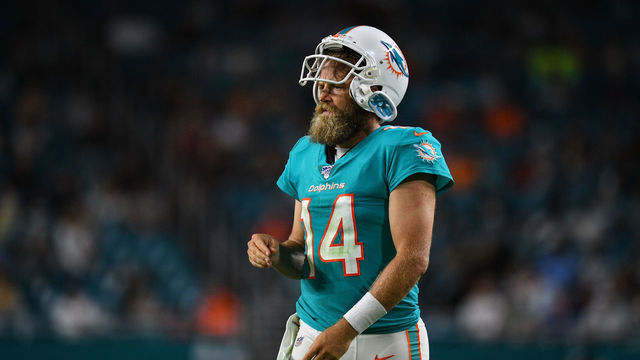 MIAMI, FL - AUGUST 22: Ryan Fitzpatrick #14 of the Miami Dolphins in action during the preseason game against the Jacksonville Jaguars at Hard Rock Stadium on August 22, 2019 in Miami, Florida.