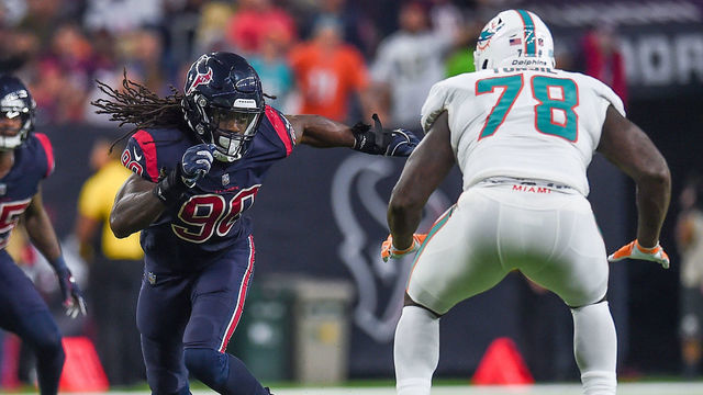 HOUSTON, TX - OCTOBER 25: Houston Texans linebacker Jadeveon Clowney (90) rushes in against Miami Dolphins offensive tackle Laremy Tunsil (78) during the football game between the Miami Dolphins and Houston Texans on October 25, 2018 at NRG Stadium in Houston, Texas. The Texans defeated Miami 42-23.
