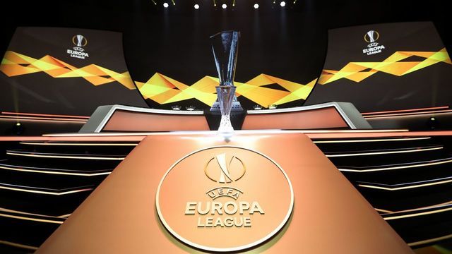 The Europa League Trophy stands on display during the UEFA Europa Cup football group stage draw ceremony in Monaco on August 30, 2019.