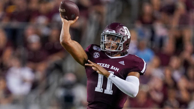 COLLEGE STATION, TX - AUGUST 29: Texas A&M Aggies quarterback Kellen Mond (11) throws a pass during the game between the Texas State Bobcats and Texas A&M Aggies on August 29, 2019 at Kyle Field in College Station, Texas.