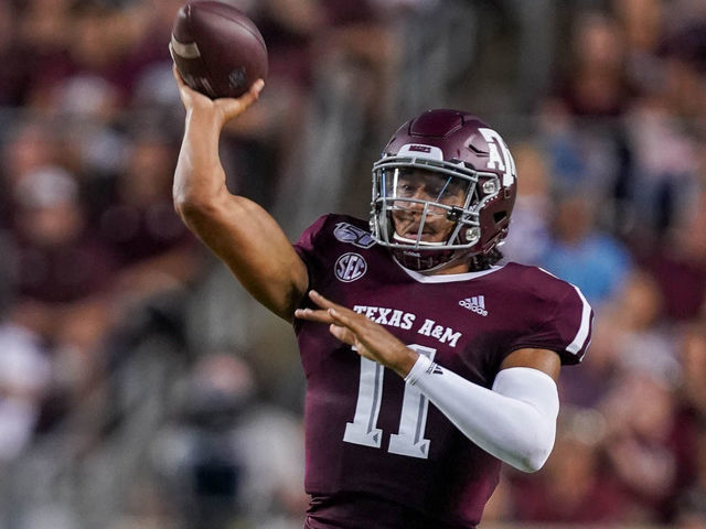 COLLEGE STATION, TX - AUGUST 29: Texas A&M Aggies quarterback Kellen Mond (11) throws a pass during the game between the Texas State Bobcats and Texas A&M Aggies on August 29, 2019 at Kyle Field in College Station, Texas.