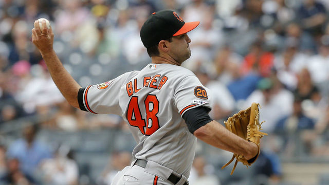 NEW YORK, NEW YORK - AUGUST 14: Richard Bleier #48 of the Baltimore Orioles in action against the New York Yankees at Yankee Stadium on August 14, 2019 in New York City. The Yankees defeated the Orioles 6-5.