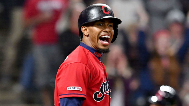 CLEVELAND, OHIO - MAY 24: Francisco Lindor #12 of the Cleveland Indians celebrates after scoring on a single by Roberto Perez #55 during the eighth inning against the Tampa Bay Rays at Progressive Field on May 24, 2019 in Cleveland, Ohio.