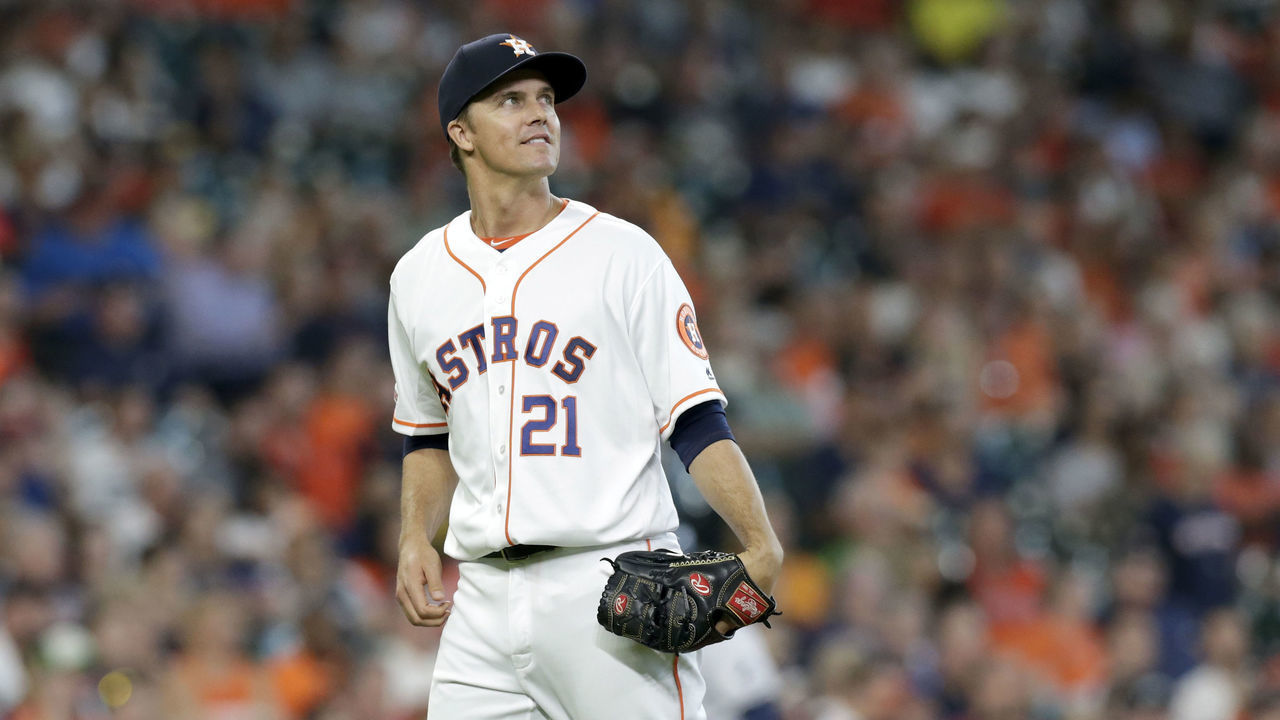 HOUSTON, TX - AUGUST 29: Zack Greinke #21 of the Houston Astros reacts after a home run by Austin Meadows #17 of the Tampa Bay Rays in the third inning at Minute Maid Park on August 29, 2019 in Houston, Texas.